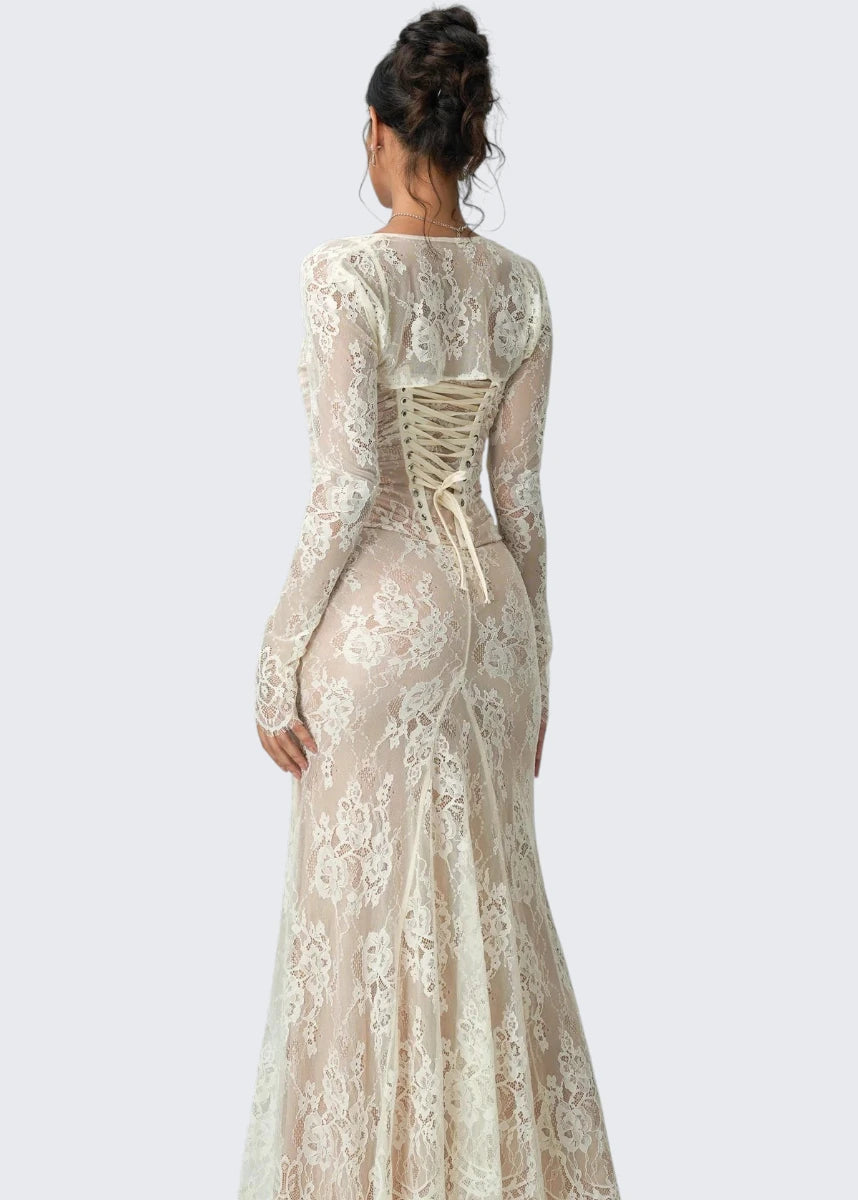 Carrie | Square Neck Sheer Sleeve Lace Dress