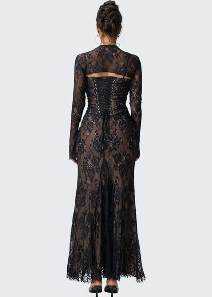 Carrie | Square Neck Sheer Sleeve Lace Dress